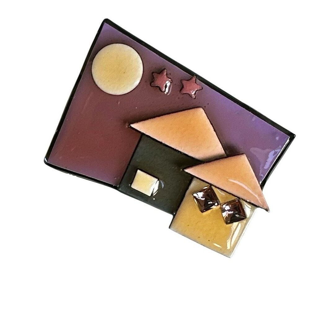 House Pins by Lucinda Mixed Media Moon & Houses Brooch